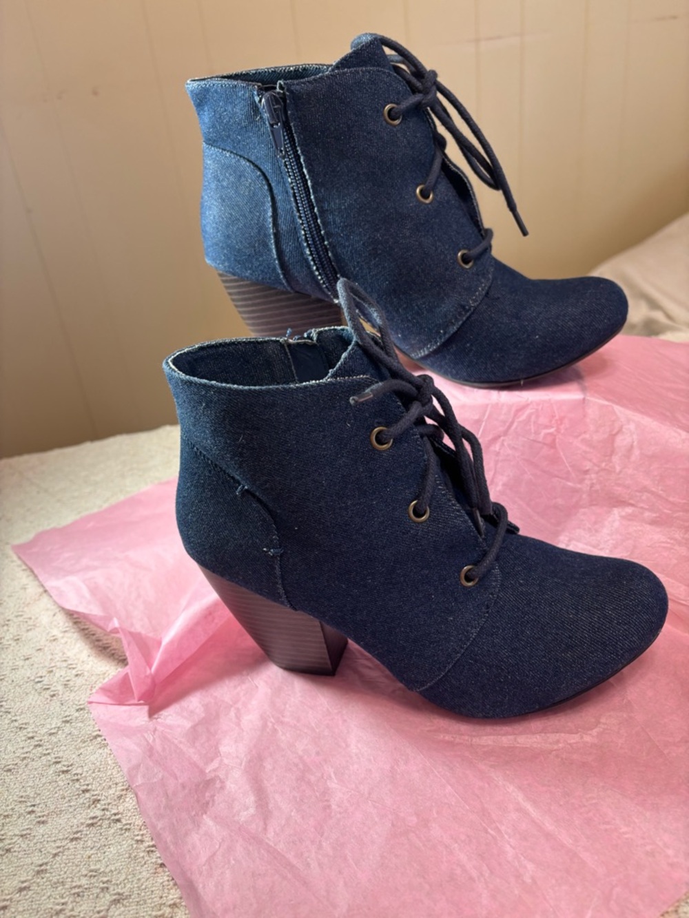 Rampage Navy denim Lace-Up Stacked Heel Ankle Boots